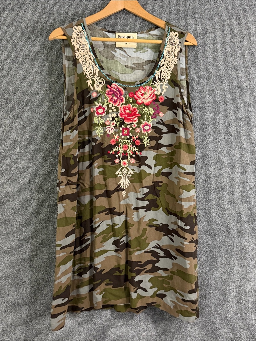 Savanna Jane Womens Embroidered Floral Camo Sleeveless Mini Dress Size Medium